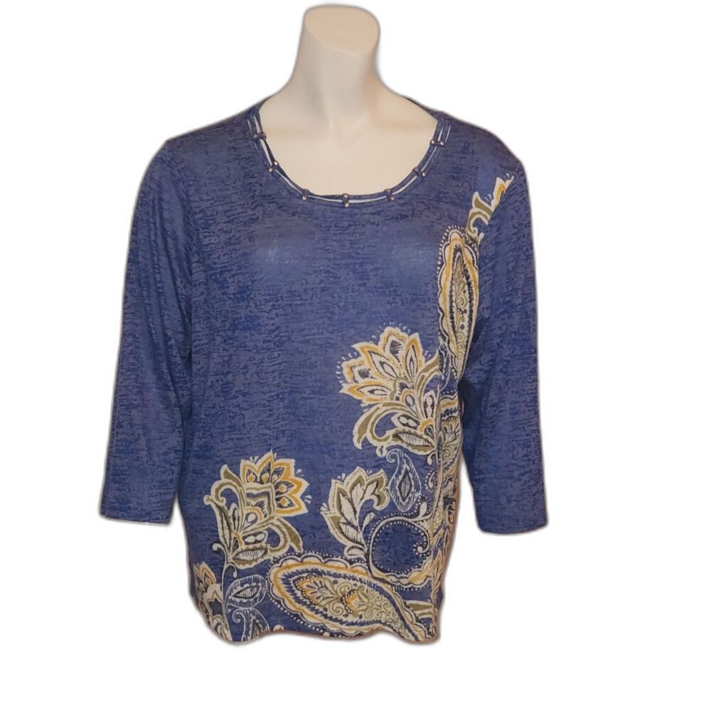 Alfred Dunner Lake Tahoe Blue and Gold Paisley Print Knit Top Womens Size PXL